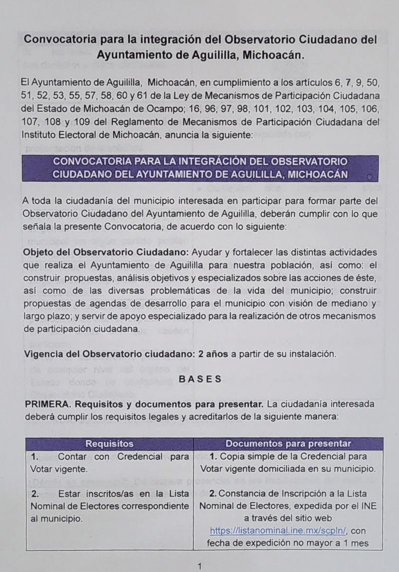 CONVOCATORIA PARA LA INTEGRACIÓN DEL OBSERVATORIO CIUDADANO DEL AYUNTAMIENTO DE AGUILILLA, MICHOACÁN