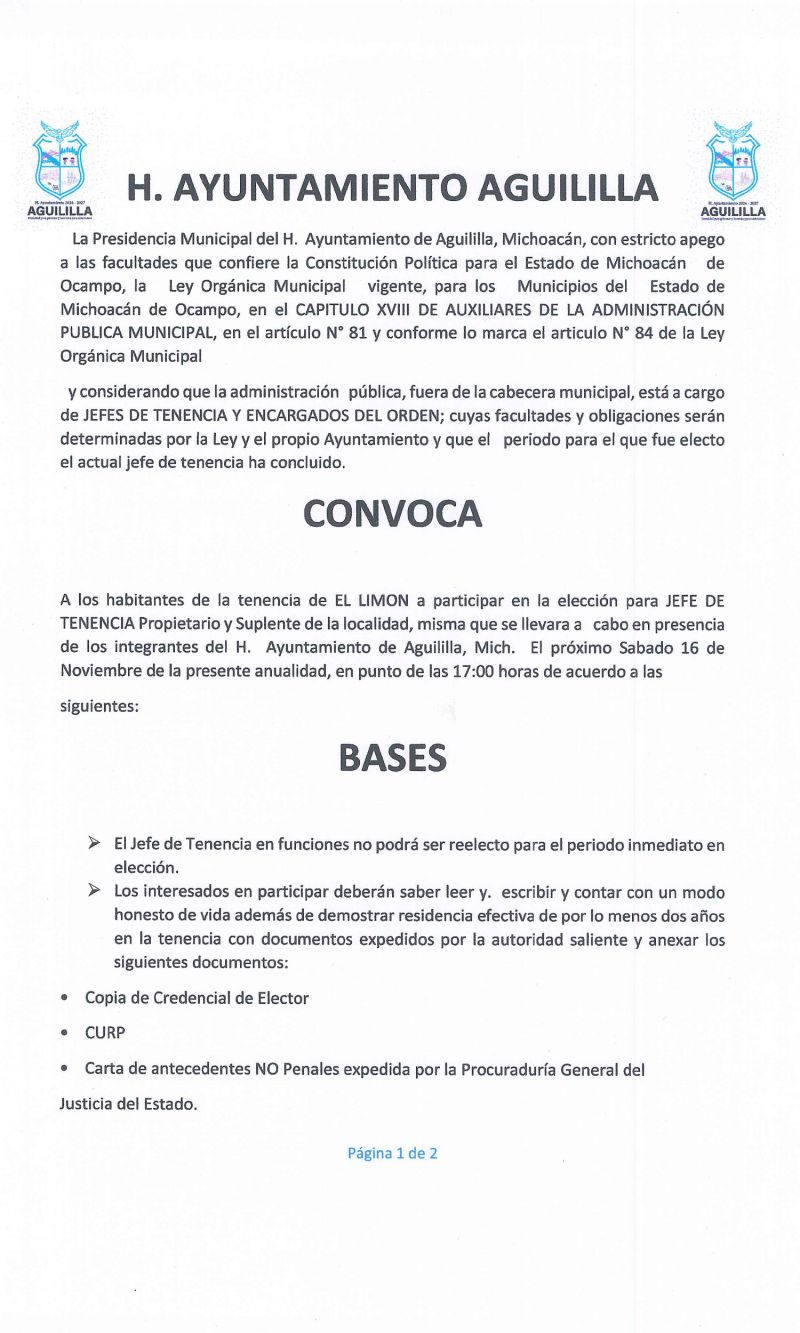 CONVOCATORIA PARA LA ELECCIÓN DEL JEFE DE TENENCIA DE EL LIMON