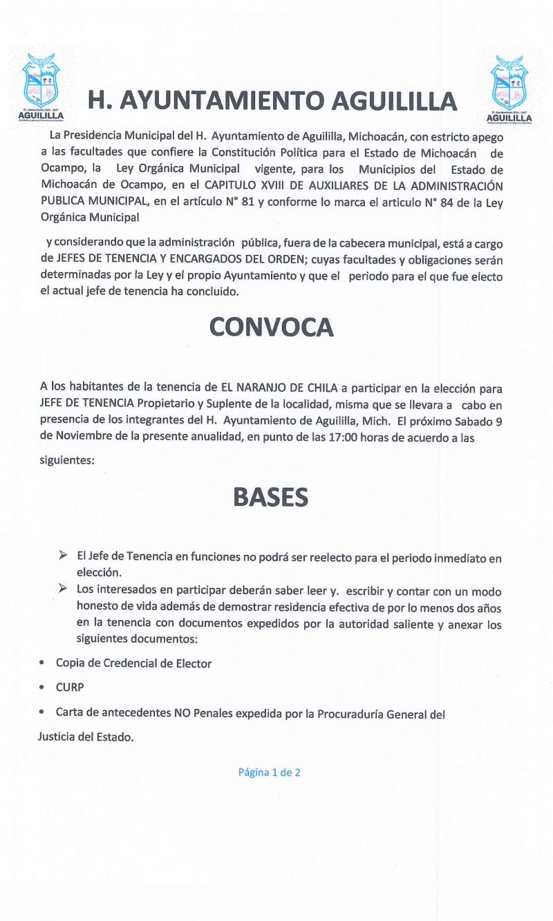 CONVOCATORIA PARA LA ELECCIÓN DEL JEFE DE TENENCIA DE EL NARANJO DE CHILA