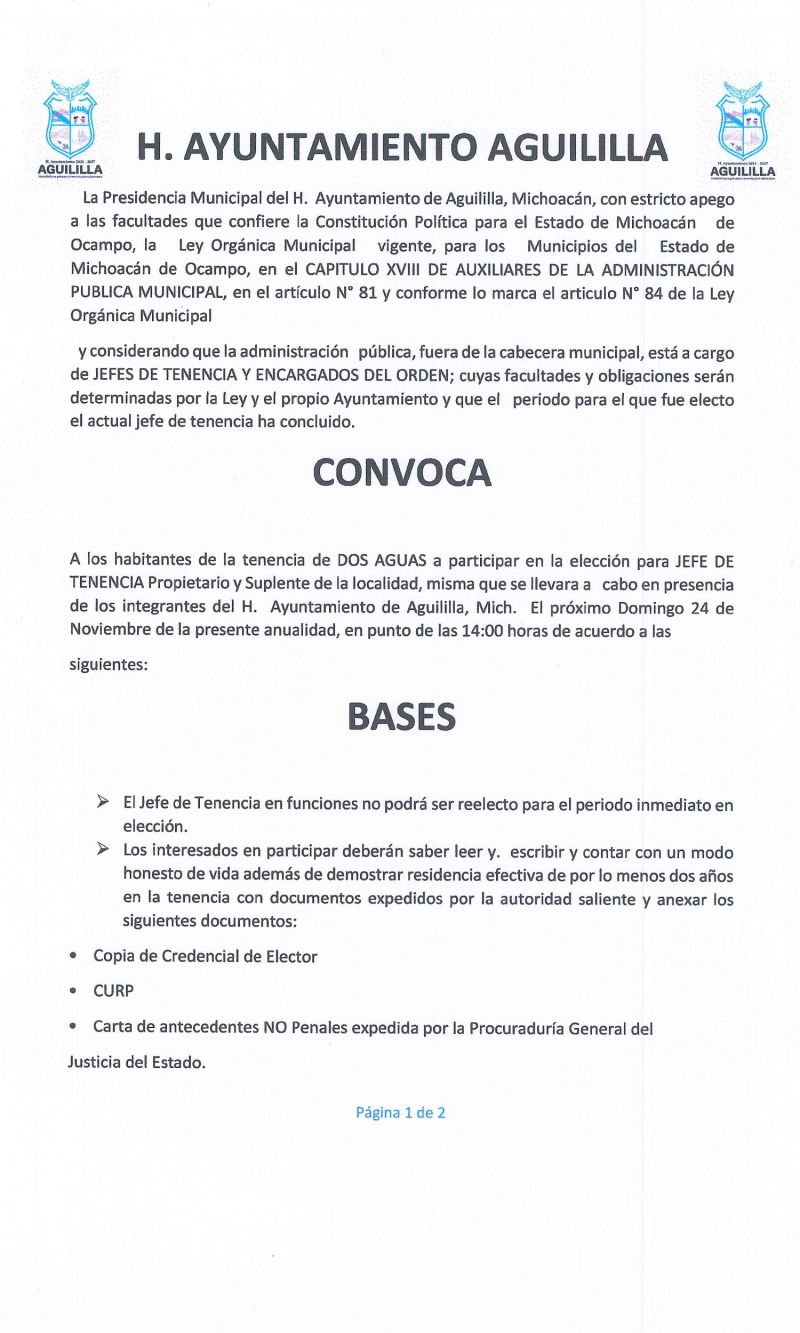 CONVOCATORIA PARA LA ELECCIÓN DEL JEFE DE TENENCIA DE DOS AGUAS