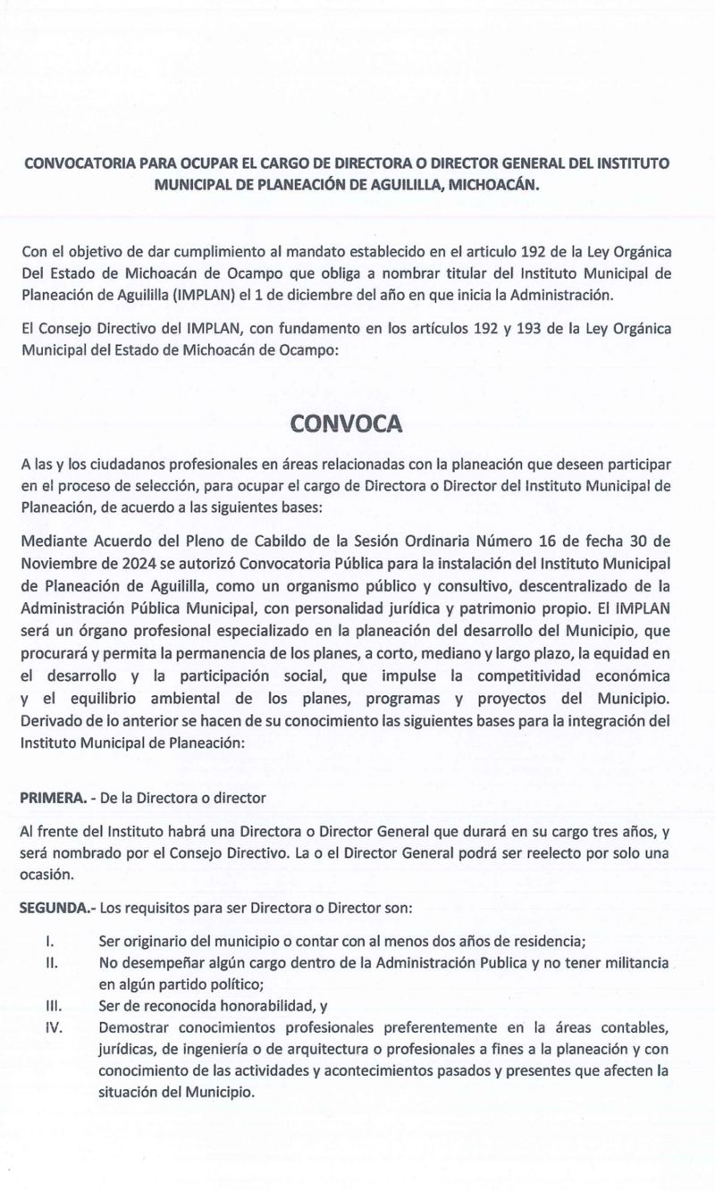 CONVOCATORIA PARA OCUPAR EL CARGO DE DIRECTORA O DIRECTOR GENERAL DEL INSTITUTO MUNICIPAL DE PLANEAC